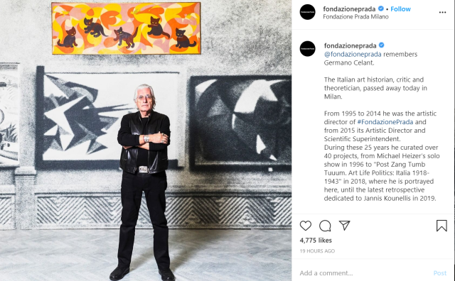 Prada 基金会艺术总监 Germano Celant 因新冠肺炎去世：他是意大利先锋艺术运动的顶梁柱