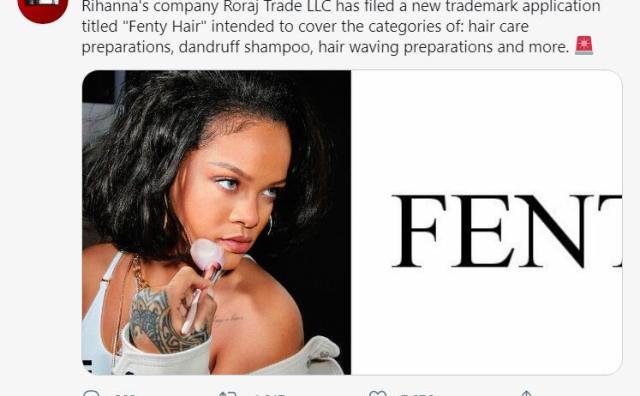蕾哈娜进军护发领域，已为“Fenty Hair”申请商标
