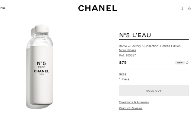 售价670人民币元，Chanel 五号随身水瓶上架后被一抢而空