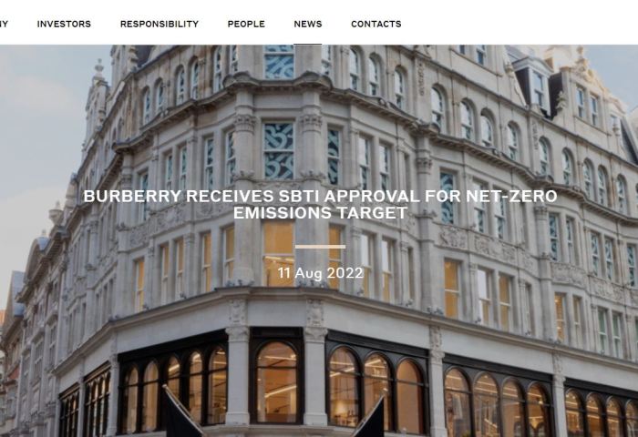 Burberry 成为净零排放目标获SBTi批准的首个奢侈品牌