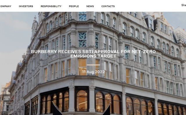 Burberry 成为净零排放目标获SBTi批准的首个奢侈品牌