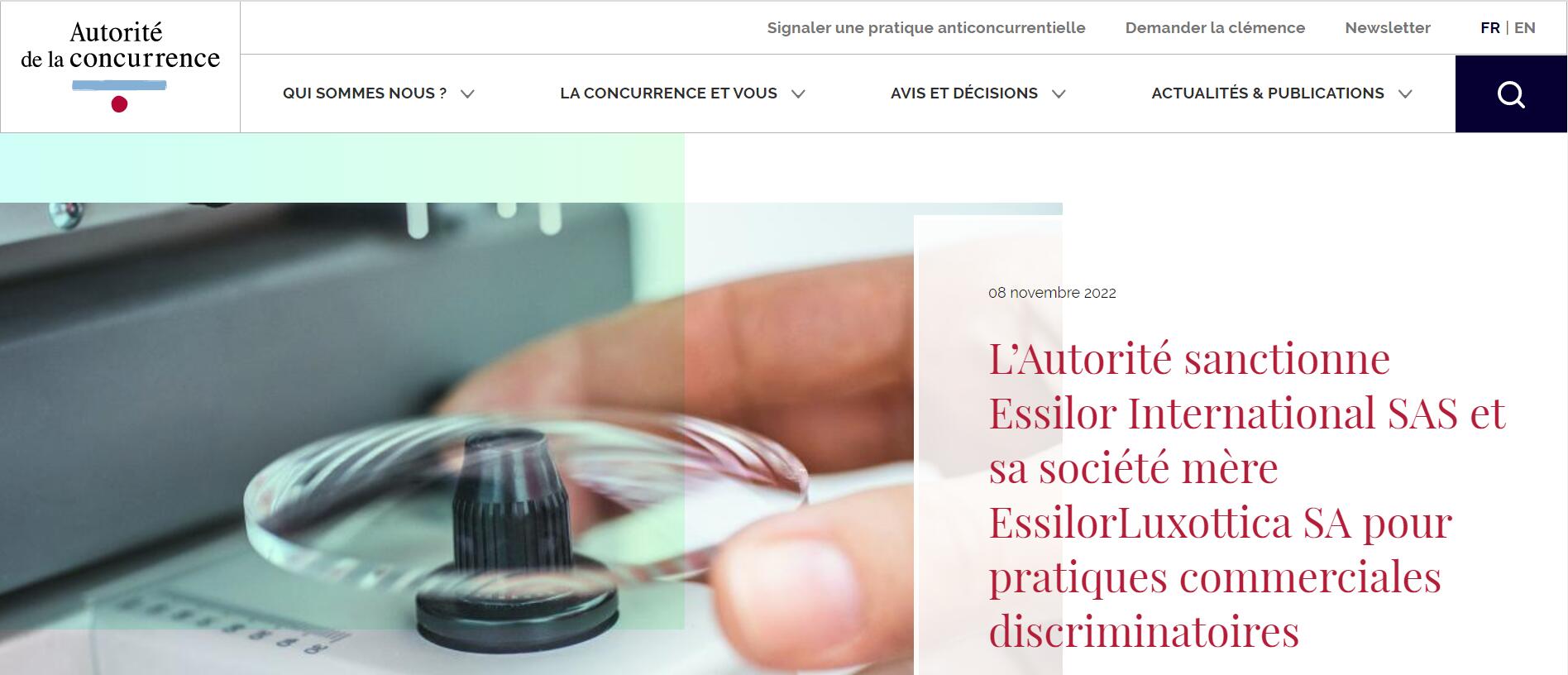 Essilor依视路收到来自法国竞争管理机构的8100万欧元罚单